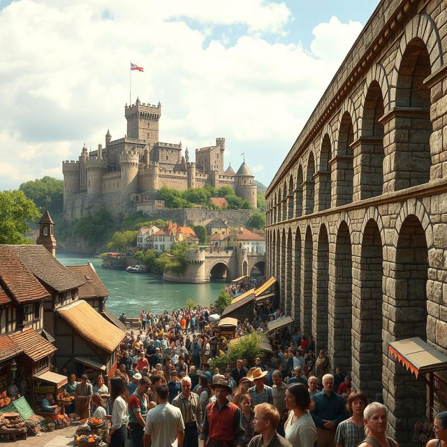 A vibrant and crowded medieval city scene featuring a magnificent aqueduct positioned on the right side of the image