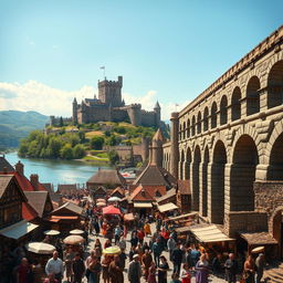 A vibrant and crowded medieval city scene featuring a magnificent aqueduct positioned on the right side of the image