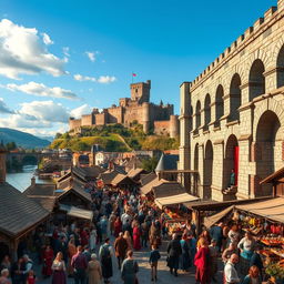 A vibrant and crowded medieval city scene featuring a magnificent aqueduct positioned on the right side of the image