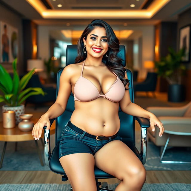 An appealing image of Shruti Haasan sitting confidently on a sleek office chair, wearing a trendy bikini that accentuates her big belly and curvy breasts