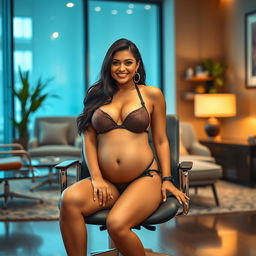 An appealing image of Shruti Haasan sitting confidently on a sleek office chair, wearing a trendy bikini that accentuates her big belly and curvy breasts