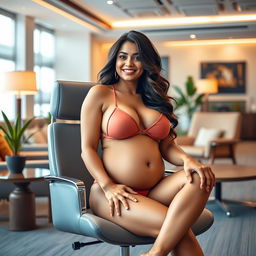 An appealing image of Shruti Haasan sitting confidently on a sleek office chair, wearing a trendy bikini that accentuates her big belly and curvy breasts