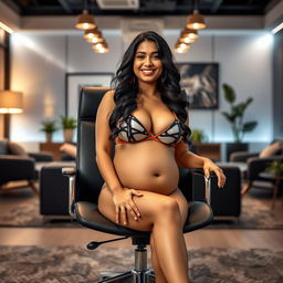 An appealing image of Shruti Haasan sitting confidently on a sleek office chair, wearing a trendy bikini that accentuates her big belly and curvy breasts