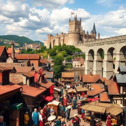 A bustling medieval city scene featuring a grand aqueduct positioned prominently on the right side of the image