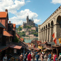 A bustling medieval city scene featuring a grand aqueduct positioned prominently on the right side of the image