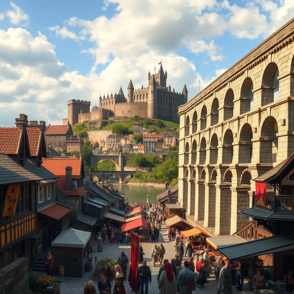 A bustling medieval city scene featuring a grand aqueduct positioned prominently on the right side of the image