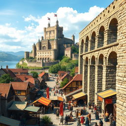A bustling medieval city scene featuring a grand aqueduct positioned prominently on the right side of the image