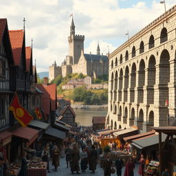 A bustling medieval city scene featuring a stunning aqueduct positioned prominently on the right side of the image