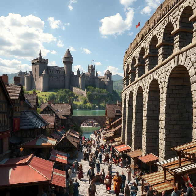 A bustling medieval city scene featuring a stunning aqueduct positioned prominently on the right side of the image