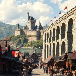 A bustling medieval city scene featuring a stunning aqueduct positioned prominently on the right side of the image