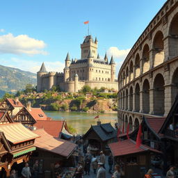 A bustling medieval city scene featuring a stunning aqueduct positioned prominently on the right side of the image