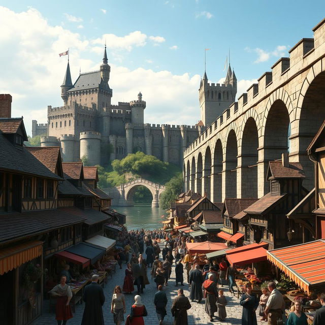 A bustling medieval city scene showcasing a stunning aqueduct extending from the right side of the image all the way to a grand castle in the background