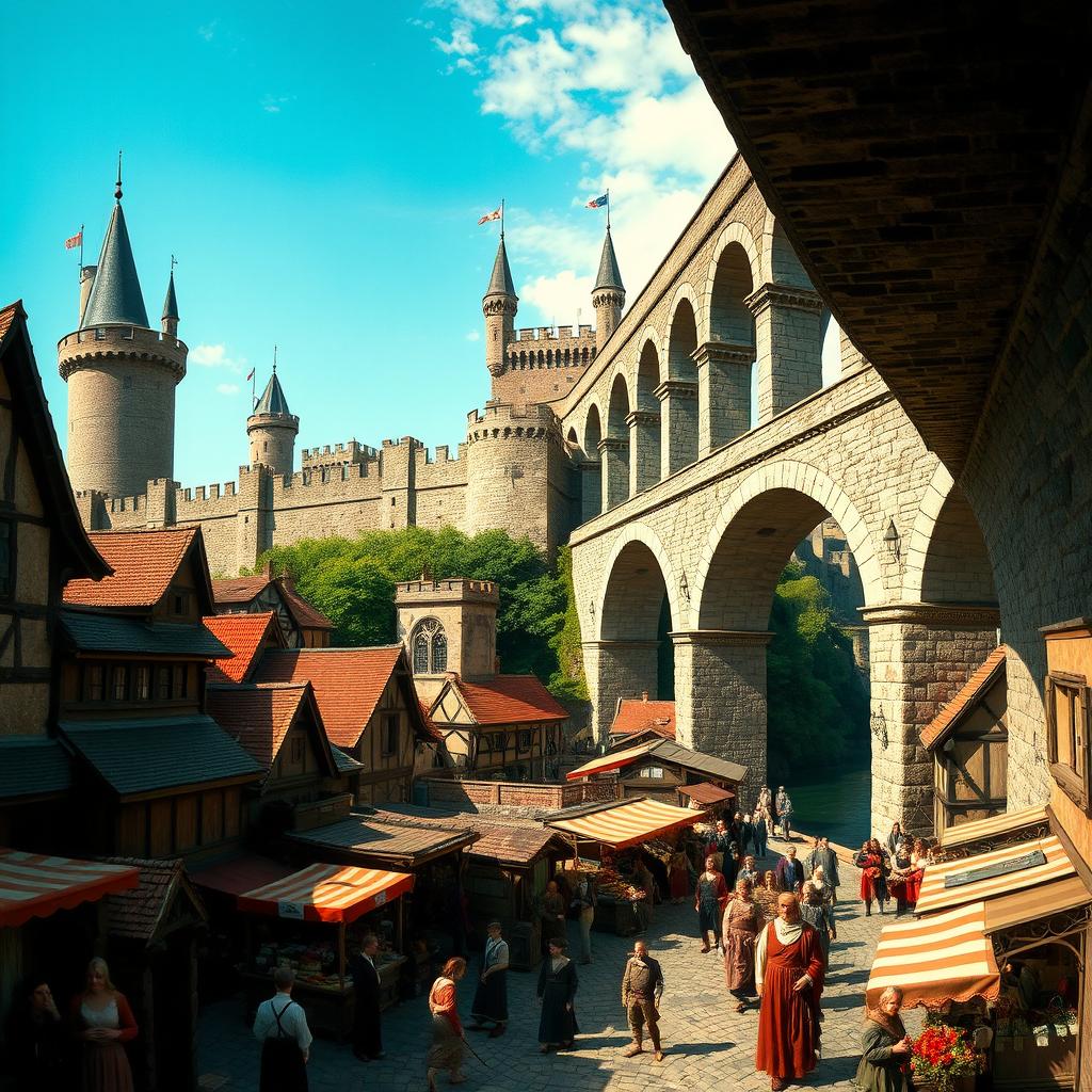 A bustling medieval city scene showcasing a stunning aqueduct extending from the right side of the image all the way to a grand castle in the background