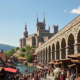 A bustling medieval city scene showcasing a stunning aqueduct extending from the right side of the image all the way to a grand castle in the background