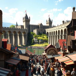 A bustling medieval city scene showcasing a stunning aqueduct extending from the right side of the image all the way to a grand castle in the background