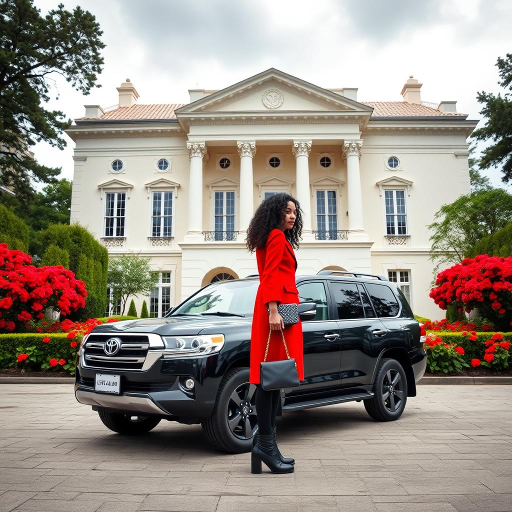 On a cloudy day, a two-story neoclassical hall features a cream-white facade, surrounded by a vibrant courtyard filled with blooming red flowers