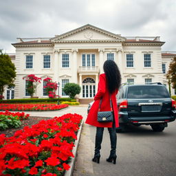 On a cloudy day, a two-story neoclassical hall features a cream-white facade, surrounded by a vibrant courtyard filled with blooming red flowers