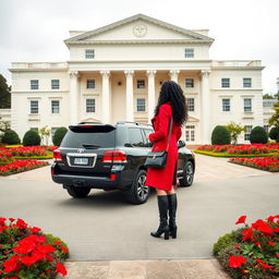 On a cloudy day, a two-story neoclassical hall features a cream-white facade, surrounded by a vibrant courtyard filled with blooming red flowers