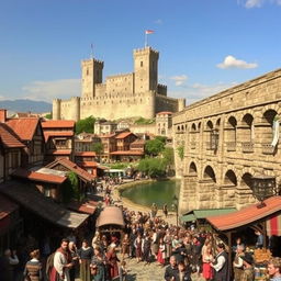 A vibrant and crowded medieval city scene featuring a magnificent aqueduct located on the right side of the image, elegantly extending towards a grand castle in the background