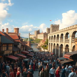 A vibrant and crowded medieval city scene featuring a magnificent aqueduct located on the right side of the image, elegantly extending towards a grand castle in the background