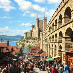 A vibrant and crowded medieval city scene featuring a magnificent aqueduct located on the right side of the image, elegantly extending towards a grand castle in the background