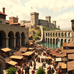 A vibrant and crowded medieval city scene featuring a magnificent aqueduct located on the right side of the image, elegantly extending towards a grand castle in the background