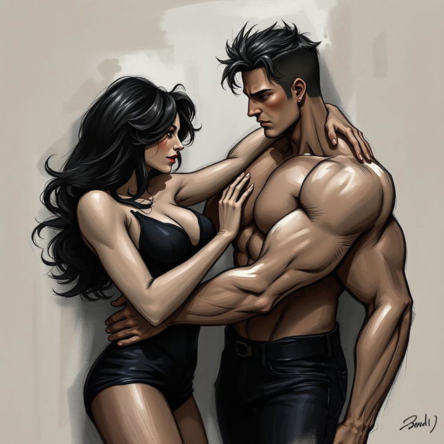 A captivating scene depicting a charismatic and mysterious woman, shorter and smaller in stature, asserting her dominance over a taller, muscular man