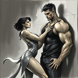 A captivating scene depicting a charismatic and mysterious woman, shorter and smaller in stature, asserting her dominance over a taller, muscular man