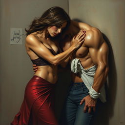A captivating scene depicting a dominant and charismatic woman engaging with a submissive man
