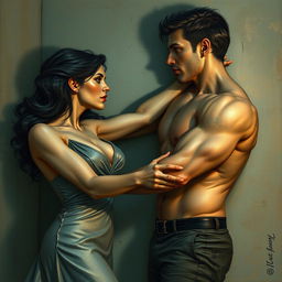 A captivating scene depicting a dominant and charismatic woman engaging with a submissive man