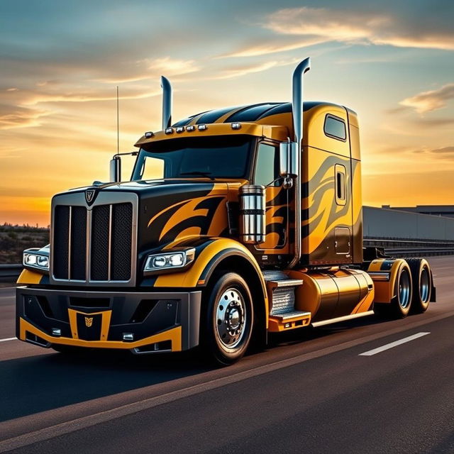 A powerful semi-truck version of Bumblebee from Transformers, resembling a Chevrolet Camaro