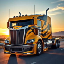 A powerful semi-truck version of Bumblebee from Transformers, resembling a Chevrolet Camaro