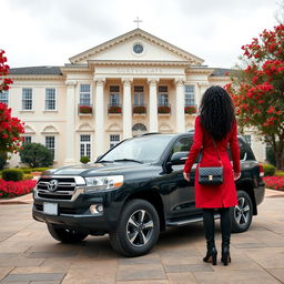 On a cloudy day, an energetic view of a two-story neoclassical hall featuring a cream-white facade and a beautiful courtyard filled with vibrant red flowers