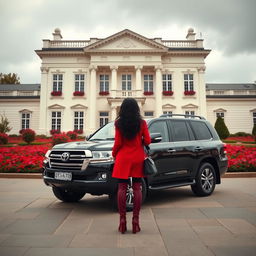 On a cloudy day, an energetic view of a two-story neoclassical hall featuring a cream-white facade and a beautiful courtyard filled with vibrant red flowers