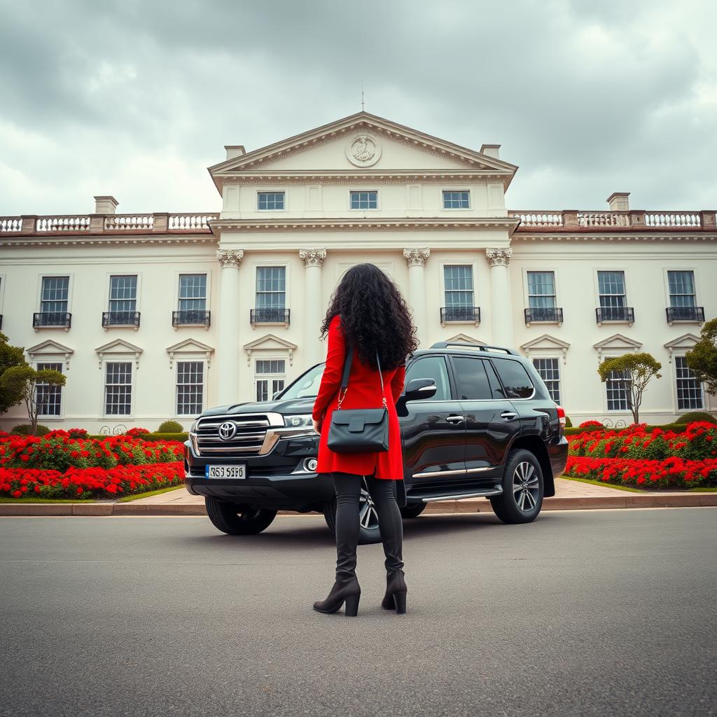 On a cloudy day, an energetic view of a two-story neoclassical hall featuring a cream-white facade and a beautiful courtyard filled with vibrant red flowers