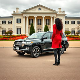 On a cloudy day, a two-story neoclassical hall with a cream-white facade and a courtyard full of vibrant red flowers