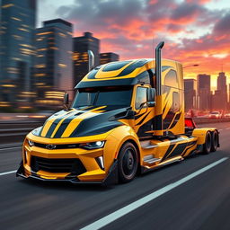 A Chevrolet Camaro transformed into a semi-truck, inspired by the character Bumblebee from Transformers