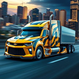 A Chevrolet Camaro transformed into a semi-truck, inspired by the character Bumblebee from Transformers