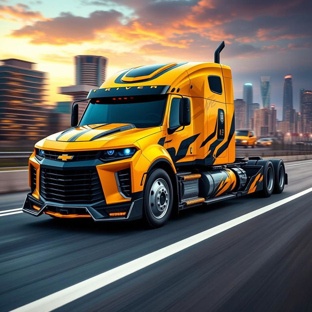 A Chevrolet Camaro transformed into a semi-truck, inspired by the character Bumblebee from Transformers