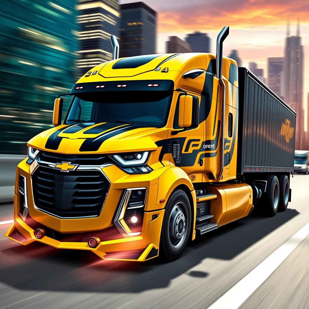 A Chevrolet Camaro transformed into a semi-truck, inspired by the character Bumblebee from Transformers