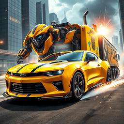 A dramatic and dynamic depiction of a Chevrolet Camaro transformed into a semi-truck version of Bumblebee Prime