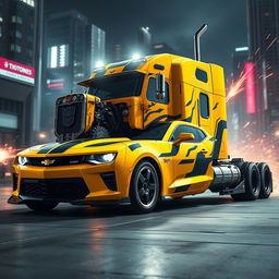 A dramatic and dynamic depiction of a Chevrolet Camaro transformed into a semi-truck version of Bumblebee Prime
