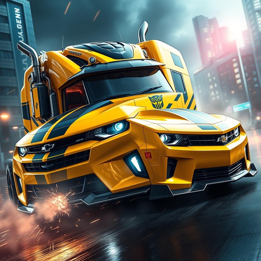 A dramatic and dynamic depiction of a Chevrolet Camaro transformed into a semi-truck version of Bumblebee Prime