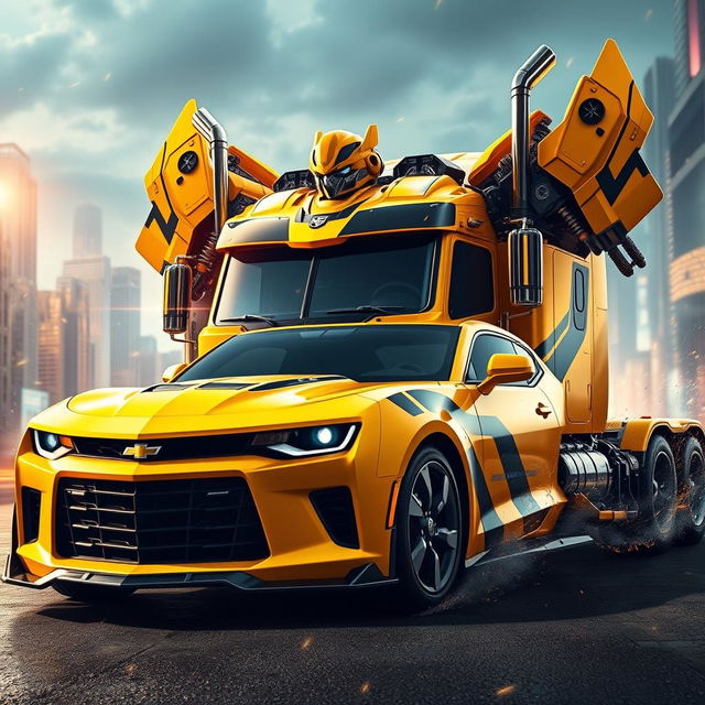 A dramatic and dynamic depiction of a Chevrolet Camaro transformed into a semi-truck version of Bumblebee Prime