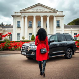 On a cloudy day, a two-story neoclassical hall with a cream-white facade is featured prominently, surrounded by a courtyard bursting with vibrant red flowers
