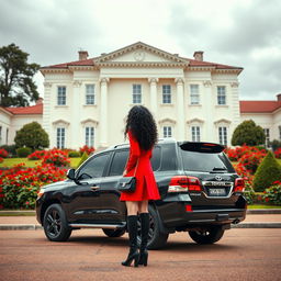 On a cloudy day, a two-story neoclassical hall with a cream-white facade is featured prominently, surrounded by a courtyard bursting with vibrant red flowers