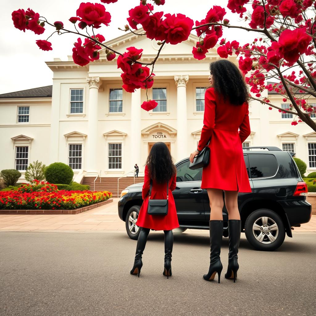 On a cloudy day, a two-story neoclassical hall with a cream-white facade is featured prominently, surrounded by a courtyard bursting with vibrant red flowers