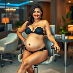 A captivating image of Shruti Haasan sitting confidently on a chic office chair, wearing a fashionable bikini that accentuates her big belly and curvy breasts
