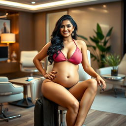 A captivating image of Shruti Haasan sitting confidently on a chic office chair, wearing a fashionable bikini that accentuates her big belly and curvy breasts