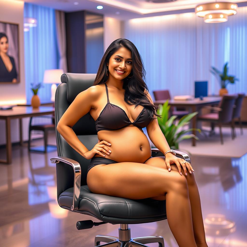 A captivating image of Shruti Haasan sitting confidently on a chic office chair, wearing a fashionable bikini that accentuates her big belly and curvy breasts